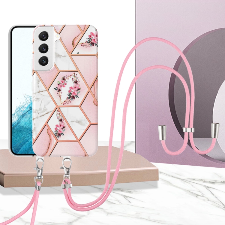 For Samsung Galaxy S23+ 5G Splicing Marble Flower IMD TPU Phone Case with Lanyard(Pink Flower) For Samsung Galaxy S23+ 5G Splicing Marble Flower IMD TPU Phone Case with Lanyard(Pink Flower)