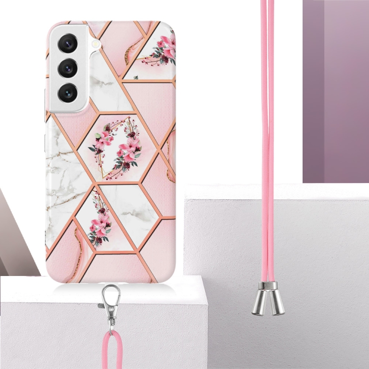 For Samsung Galaxy S23+ 5G Splicing Marble Flower IMD TPU Phone Case with Lanyard(Pink Flower) For Samsung Galaxy S23+ 5G Splicing Marble Flower IMD TPU Phone Case with Lanyard(Pink Flower)