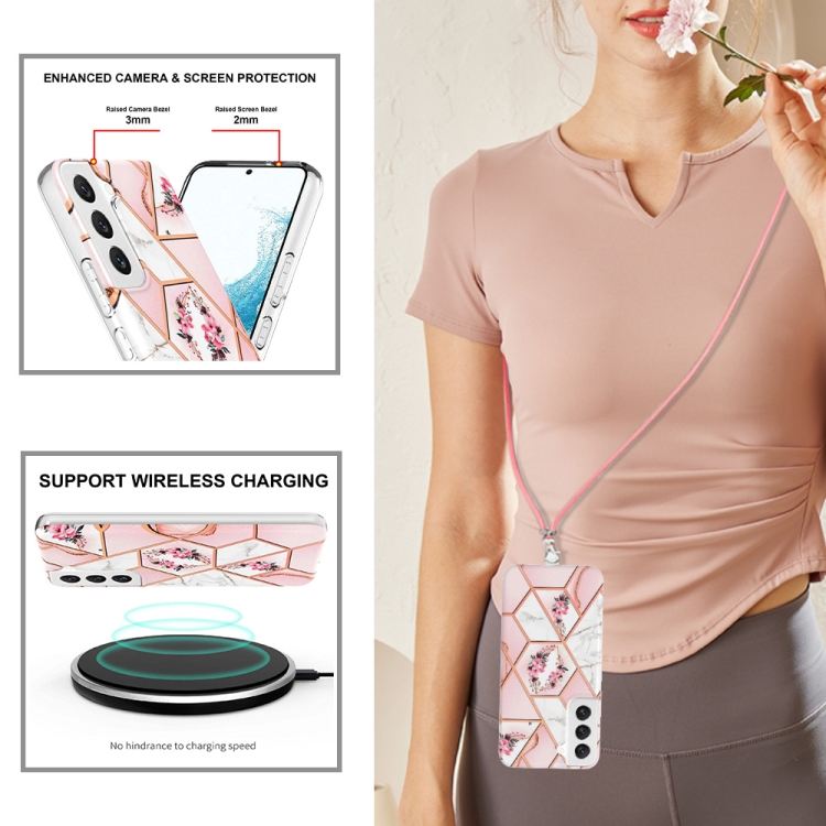 For Samsung Galaxy S23+ 5G Splicing Marble Flower IMD TPU Phone Case with Lanyard(Pink Flower) For Samsung Galaxy S23+ 5G Splicing Marble Flower IMD TPU Phone Case with Lanyard(Pink Flower)