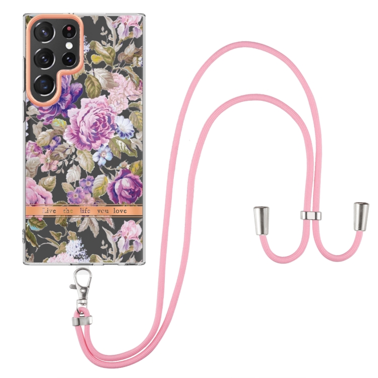 For Samsung Galaxy S23 Ultra 5G Flowers and Plants Series IMD TPU Phone Case with Lanyard(Purple Peony) For Samsung Galaxy S23 Ultra 5G Flowers and Plants Series IMD TPU Phone Case with Lanyard(Purple Peony)