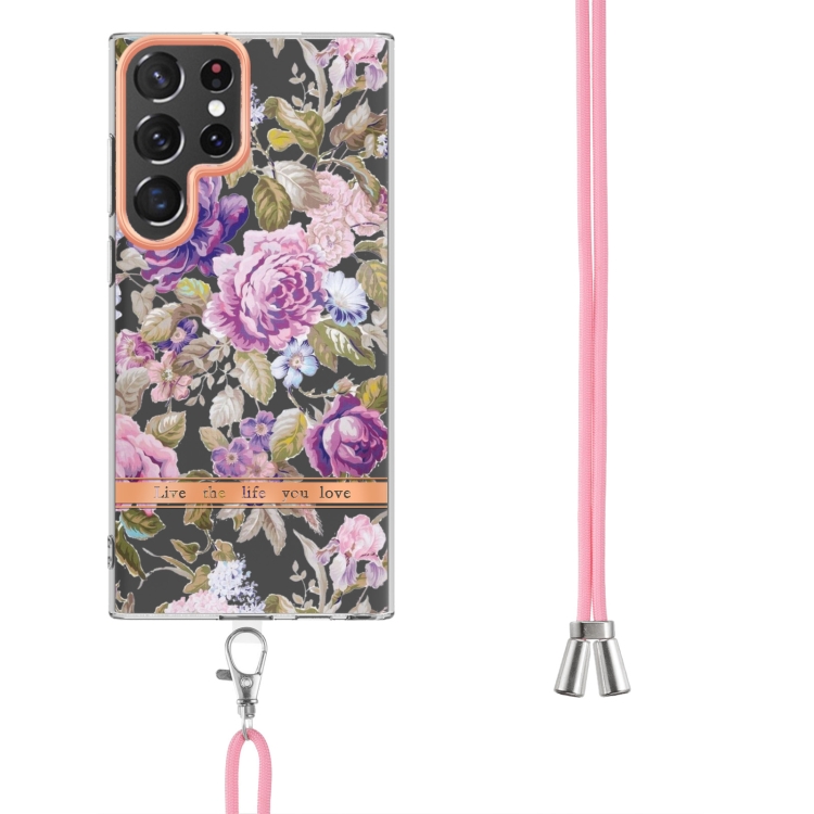 For Samsung Galaxy S23 Ultra 5G Flowers and Plants Series IMD TPU Phone Case with Lanyard(Purple Peony) For Samsung Galaxy S23 Ultra 5G Flowers and Plants Series IMD TPU Phone Case with Lanyard(Purple Peony)