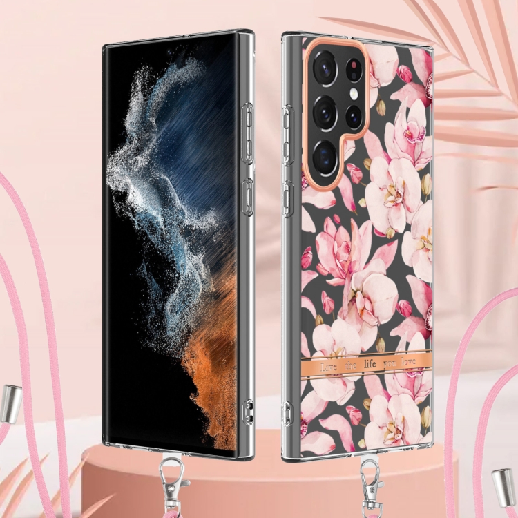 For Samsung Galaxy S23 Ultra 5G Flowers and Plants Series IMD TPU Phone Case with Lanyard(Purple Peony) For Samsung Galaxy S23 Ultra 5G Flowers and Plants Series IMD TPU Phone Case with Lanyard(Purple Peony)