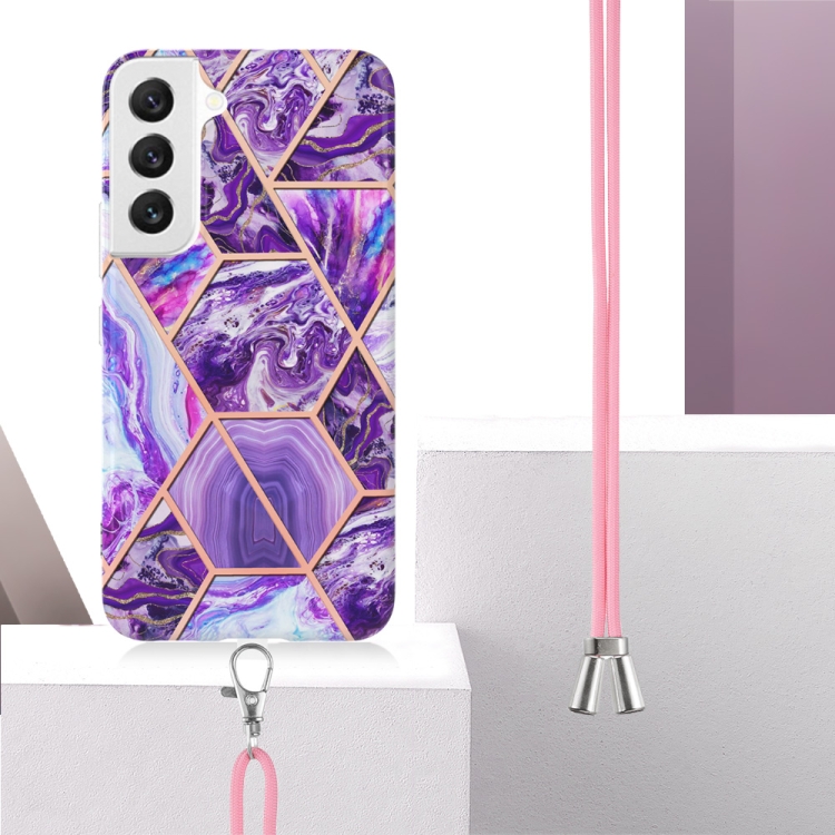 For Samsung Galaxy S23+ 5G Electroplating IMD Splicing Dual-side Marble TPU Phone Case with Lanyard(Dark Purple) For Samsung Galaxy S23+ 5G Electroplating IMD Splicing Dual-side Marble TPU Phone Case with Lanyard(Dark Purple)