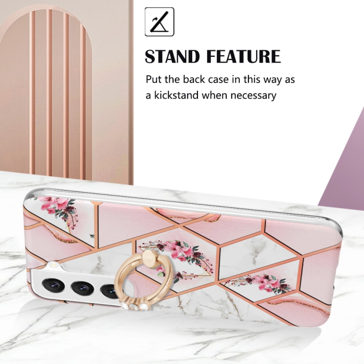 For Samsung Galaxy S23+ 5G Splicing Marble Flower IMD TPU Phone Case with Ring Holder(Pink Flower) For Samsung Galaxy S23+ 5G Splicing Marble Flower IMD TPU Phone Case with Ring Holder(Pink Flower)