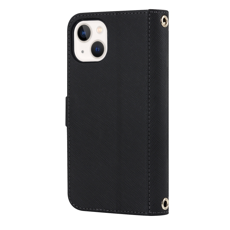 For iPhone 13 mini Cross Texture Lanyard Leather Phone Case(Black) For iPhone 13 mini Cross Texture Lanyard Leather Phone Case(Black)