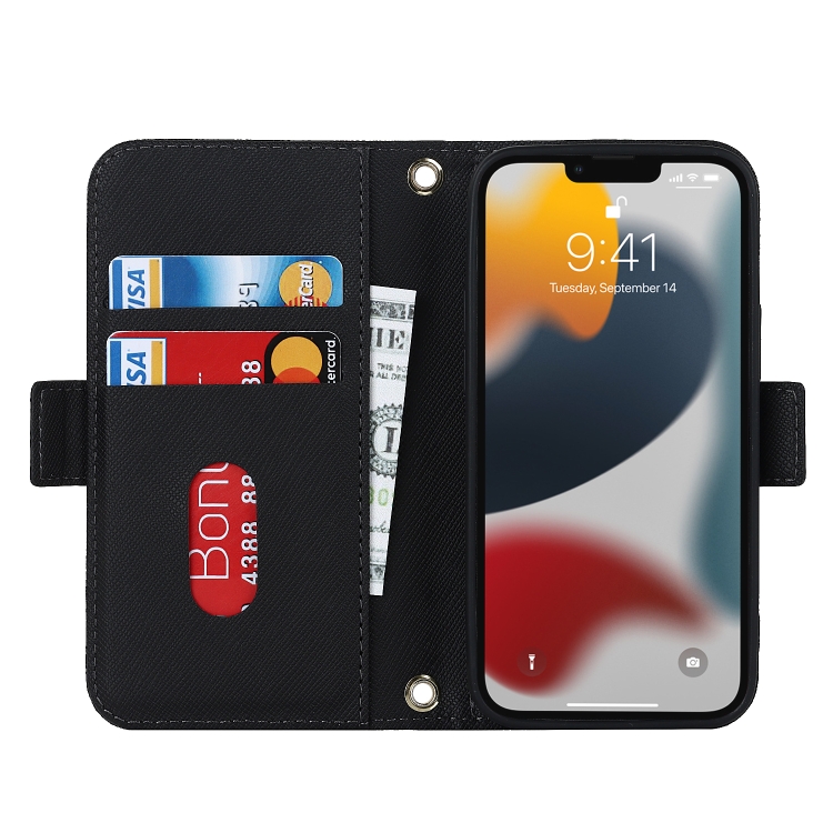 For iPhone 13 mini Cross Texture Lanyard Leather Phone Case(Black) For iPhone 13 mini Cross Texture Lanyard Leather Phone Case(Black)