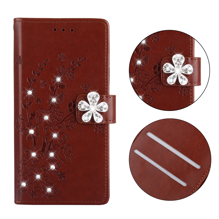 For iPhone SE 2022 / SE 2020 Diamond Encrusted Plum Blossom Embossing Pattern Horizontal Flip Leather Case with Holder & Card Slots & Wallet & Lanyard(Brown) For iPhone SE 2022 / SE 2020 Diamond Encrusted Plum Blossom Embossing Pattern Horizontal Flip Leather Case with Holder & Card Slots & Wallet & Lanyard(Brown)