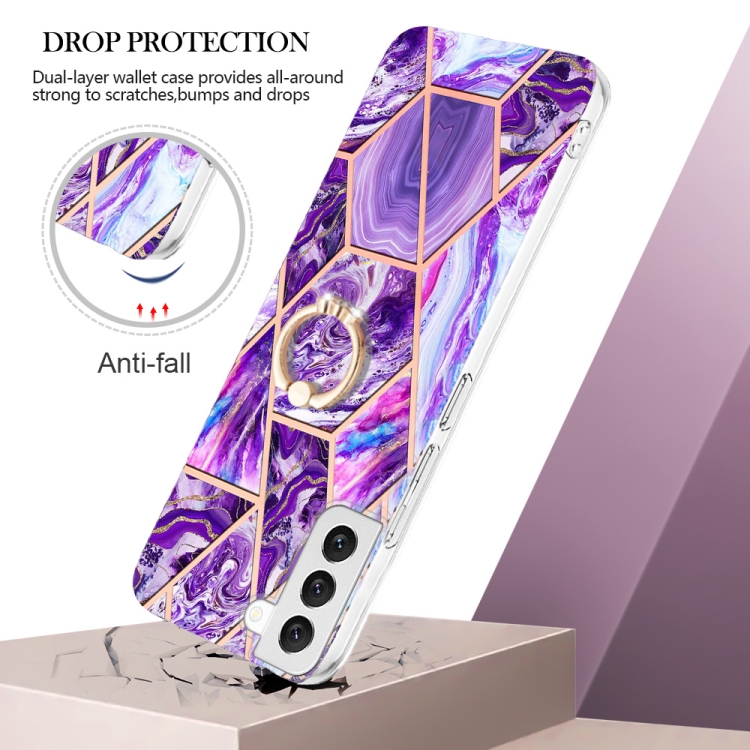 For Samsung Galaxy S23+ 5G Splicing Marble Flower IMD TPU Phone Case Ring Holder(Dark Purple)