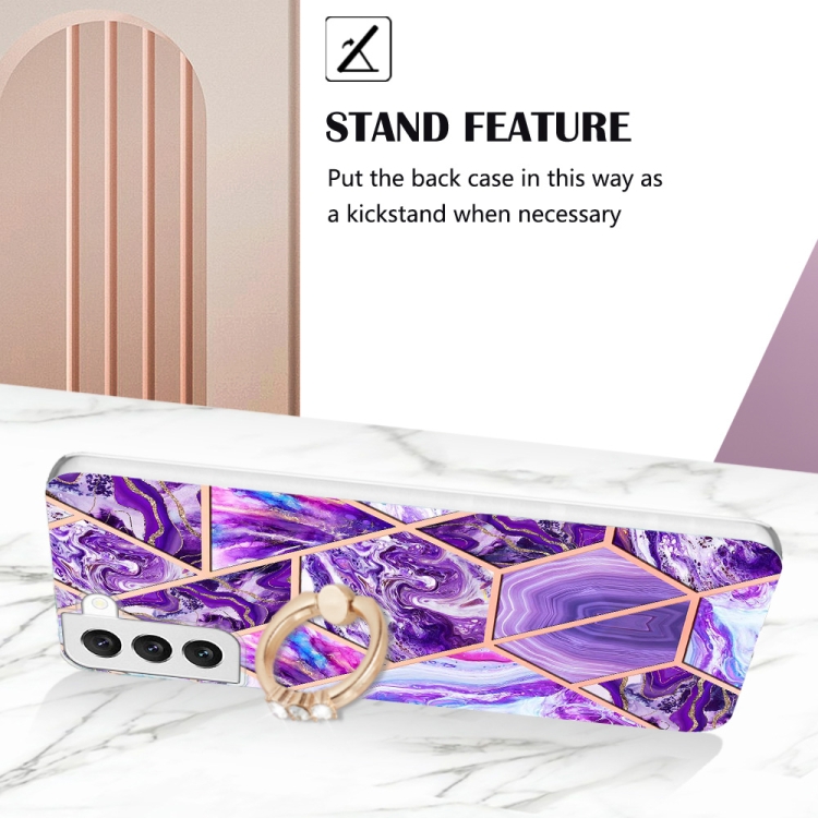For Samsung Galaxy S23+ 5G Splicing Marble Flower IMD TPU Phone Case Ring Holder(Dark Purple)