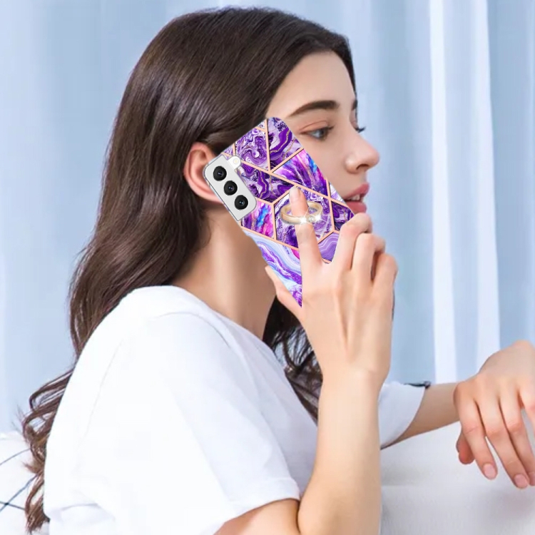 For Samsung Galaxy S23+ 5G Splicing Marble Flower IMD TPU Phone Case Ring Holder(Dark Purple)