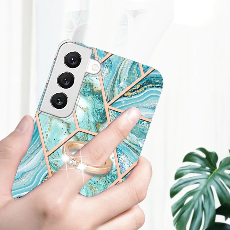 For Samsung Galaxy S23+ 5G Splicing Marble Flower IMD TPU Phone Case Ring Holder(Dark Purple)