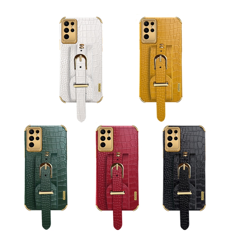 For Samsung Galaxy S23 Ultra 5G Electroplated TPU Crocodile Pattern Leather Case with Wrist Strap(Yellow)