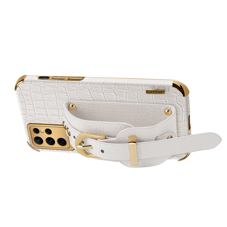 For Samsung Galaxy S23 Ultra 5G Electroplated TPU Crocodile Pattern Leather Case with Wrist Strap(Yellow)