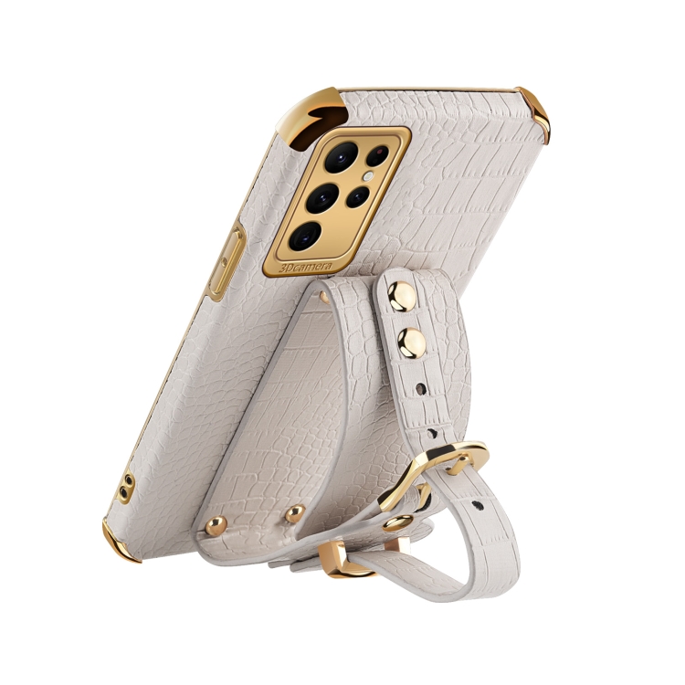 For Samsung Galaxy S23 Ultra 5G Electroplated TPU Crocodile Pattern Leather Case with Wrist Strap(Yellow)