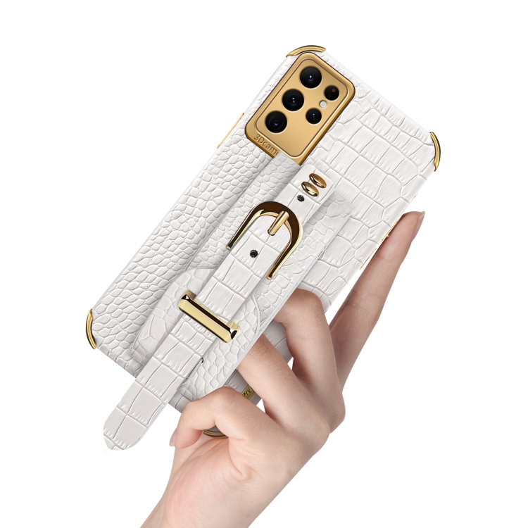 For Samsung Galaxy S23 Ultra 5G Electroplated TPU Crocodile Pattern Leather Case with Wrist Strap(Yellow)