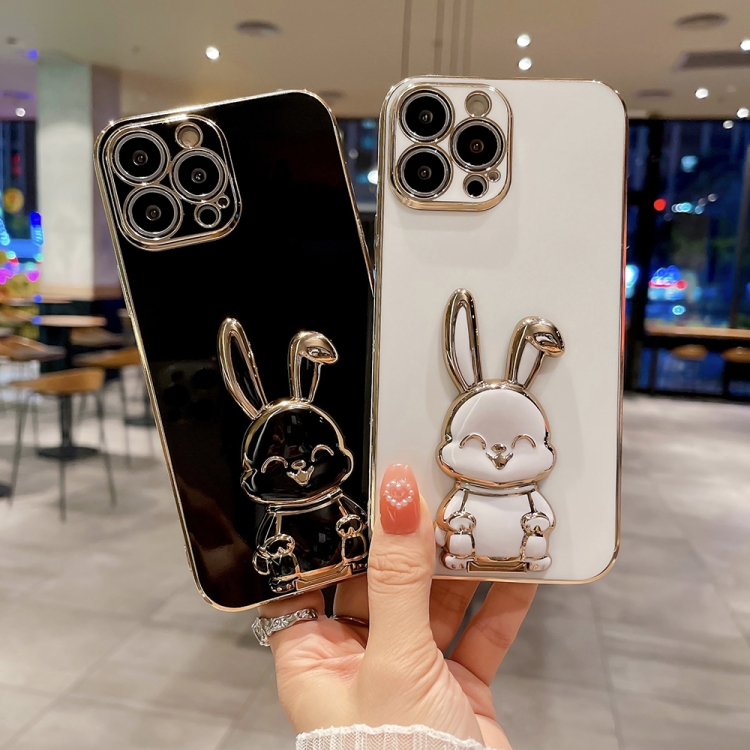 For iPhone 14 Plating Rabbit Holder Phone Case(Rose Red) For iPhone 14 Plating Rabbit Holder Phone Case(Rose Red)