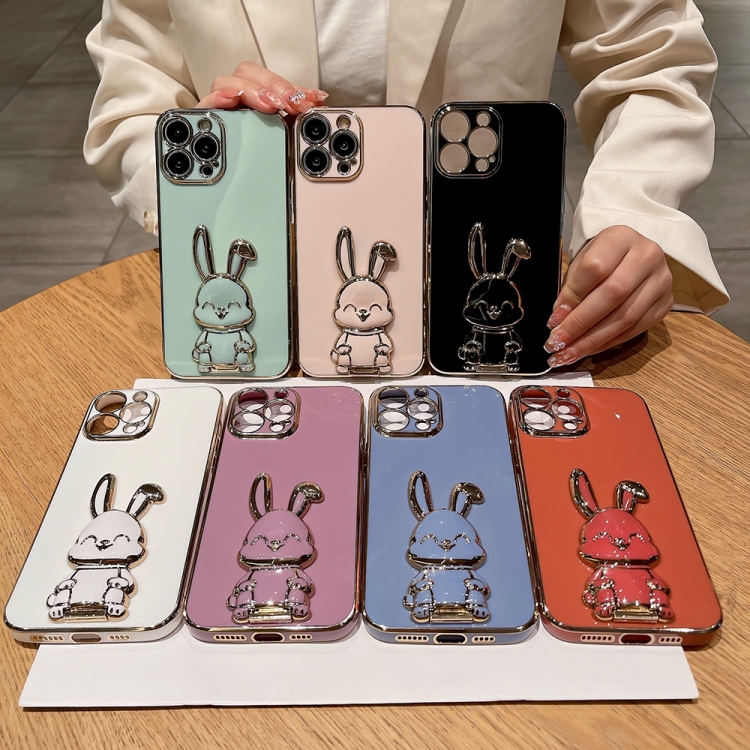For iPhone 14 Plating Rabbit Holder Phone Case(Rose Red) For iPhone 14 Plating Rabbit Holder Phone Case(Rose Red)