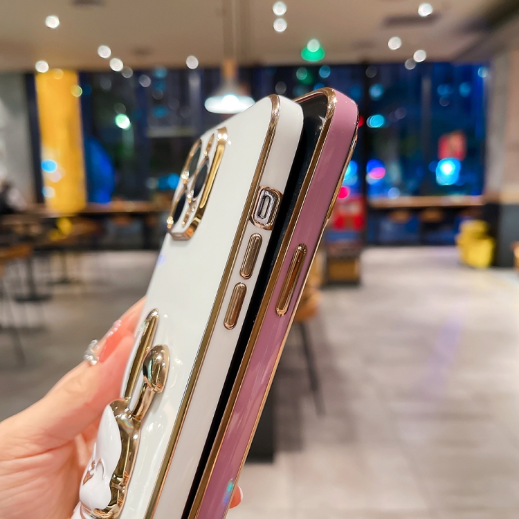 For iPhone 14 Plus Plating Rabbit Holder Phone Case(Rose Red) For iPhone 14 Plus Plating Rabbit Holder Phone Case(Rose Red)
