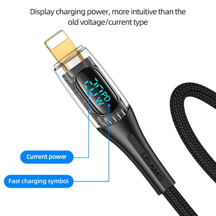 USAMS Type-C to 8 Pin PD20W Aluminum Alloy Transparent Digital Display Fast Charge Data Cable, Cable Length:1.2m(Black)