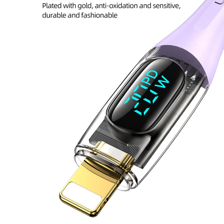 USAMS Type-C to 8 Pin PD20W Aluminum Alloy Transparent Digital Display Fast Charge Data Cable, Cable Length:1.2m(Black)