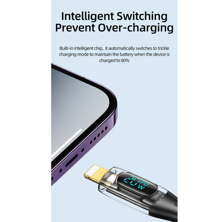 USAMS Type-C to 8 Pin PD20W Aluminum Alloy Transparent Digital Display Fast Charge Data Cable, Cable Length:1.2m(Black)