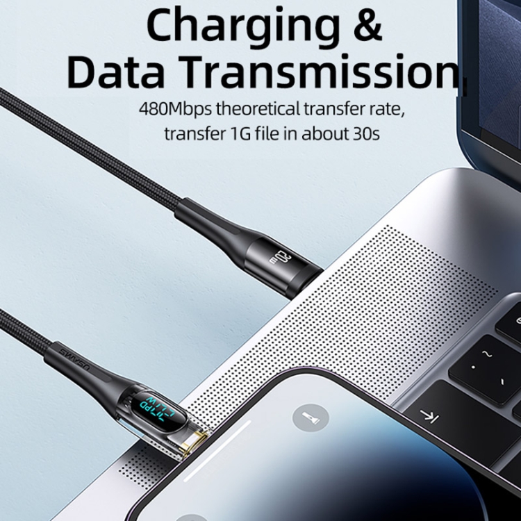 USAMS Type-C to 8 Pin PD20W Aluminum Alloy Transparent Digital Display Fast Charge Data Cable, Cable Length:1.2m(Black)