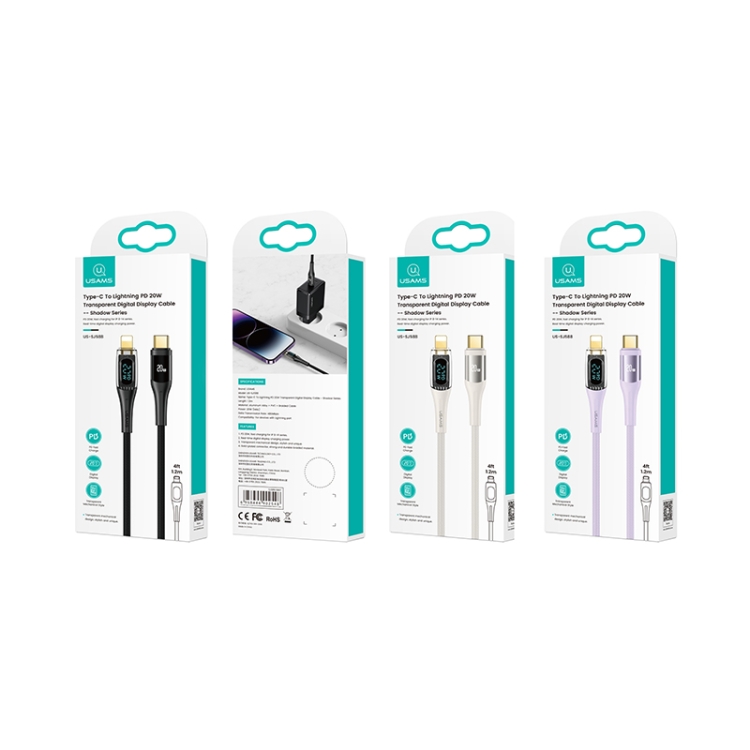 USAMS Type-C to 8 Pin PD20W Aluminum Alloy Transparent Digital Display Fast Charge Data Cable, Cable Length:1.2m(Black)