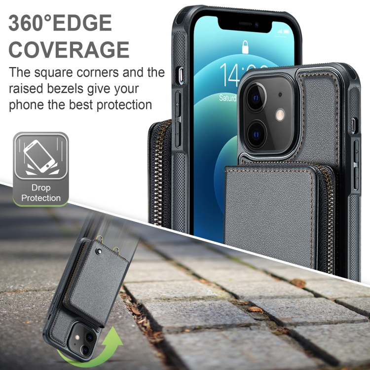 For iPhone 12 JEEHOOD C22 Series Zipper Wallet Leather Phone Case with Dual Lanyard(Black) For iPhone 12 JEEHOOD C22 Series Zipper Wallet Leather Phone Case with Dual Lanyard(Black)