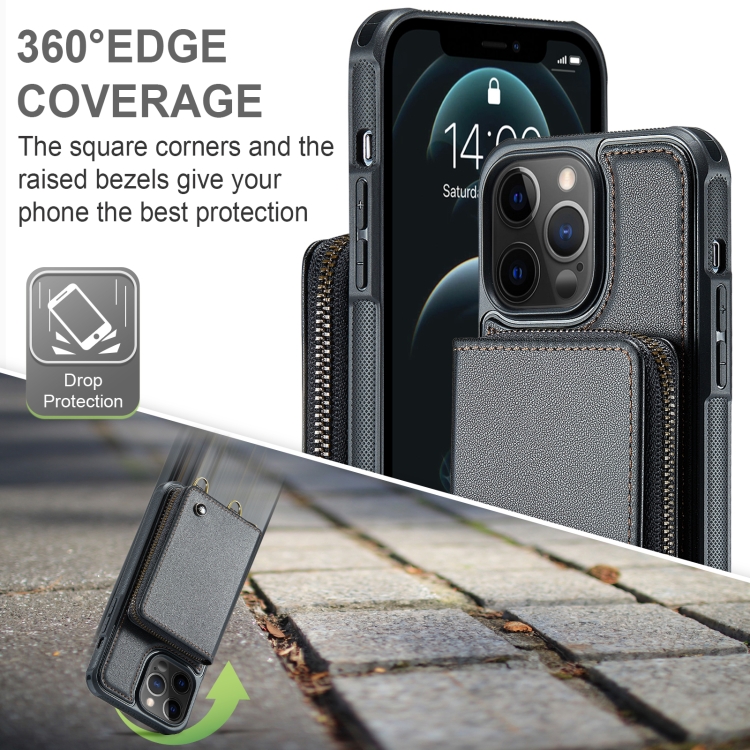 For iPhone 12 Pro Max JEEHOOD C22 Series Zipper Wallet Leather Phone Case with Dual Lanyard(Black) For iPhone 12 Pro Max JEEHOOD C22 Series Zipper Wallet Leather Phone Case with Dual Lanyard(Black)