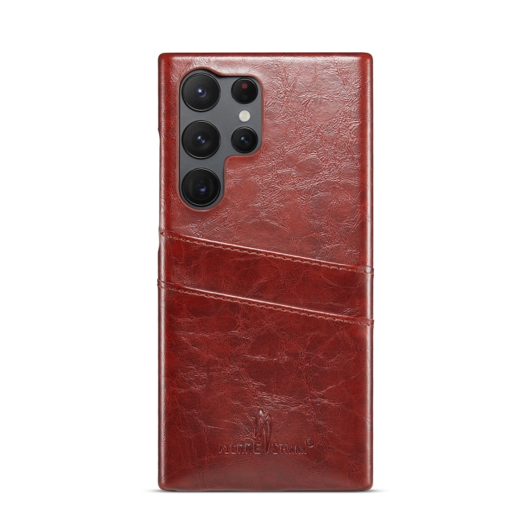 For Samsung Galaxy S23 Ultra 5G Fierre Shann Oil Wax Texture Leather Phone Case with Card Slots(Brown) For Samsung Galaxy S23 Ultra 5G Fierre Shann Oil Wax Texture Leather Phone Case with Card Slots(Brown)