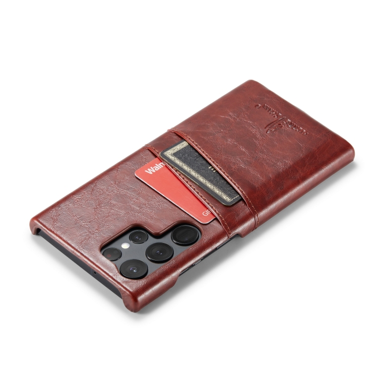 For Samsung Galaxy S23 Ultra 5G Fierre Shann Oil Wax Texture Leather Phone Case with Card Slots(Brown) For Samsung Galaxy S23 Ultra 5G Fierre Shann Oil Wax Texture Leather Phone Case with Card Slots(Brown)