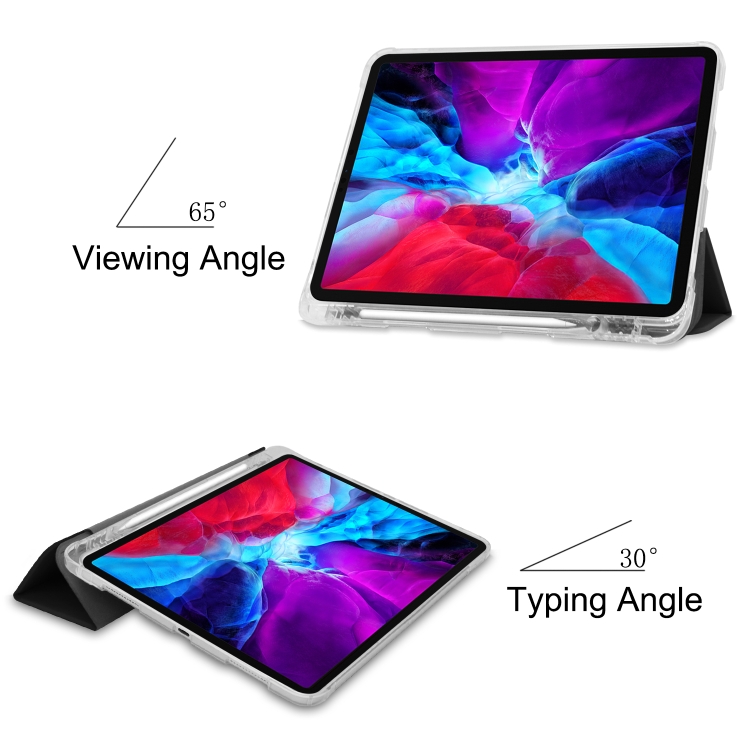 For iPad Pro 12.9 inch (2020) Three-folding Horizontal Flip PU Leather + Clear TPU Back Cover Tablet Case with Sleep / Wake-up Function & Holder & Pen Slot(Black) For iPad Pro 12.9 inch (2020) Three-folding Horizontal Flip PU Leather + Clear TPU Back Cover Tablet Case with Sleep / Wake-up Function & Holder & Pen Slot(Black)