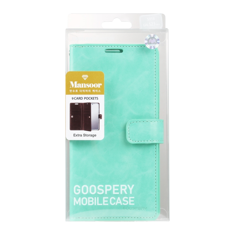 For Samsung Galaxy S23 Ultra 5G GOOSPERY MANSOOR DIARY 9 Card Slots Leather Phone Case(Mint Green) For Samsung Galaxy S23 Ultra 5G GOOSPERY MANSOOR DIARY 9 Card Slots Leather Phone Case(Mint Green)