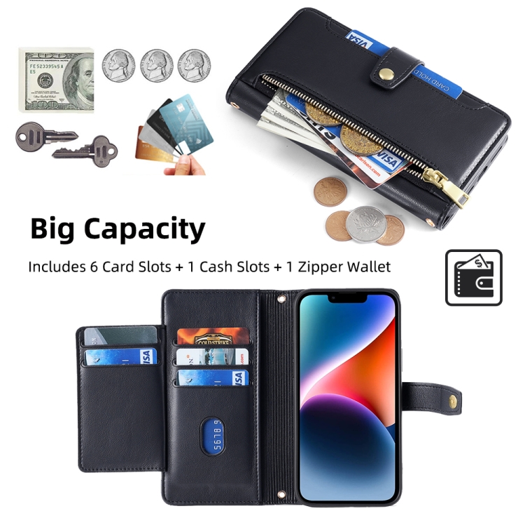 For iPhone 14 Plus Sheep Texture Cross-body Zipper Wallet Leather Phone Case(Black) For iPhone 14 Plus Sheep Texture Cross-body Zipper Wallet Leather Phone Case(Black)