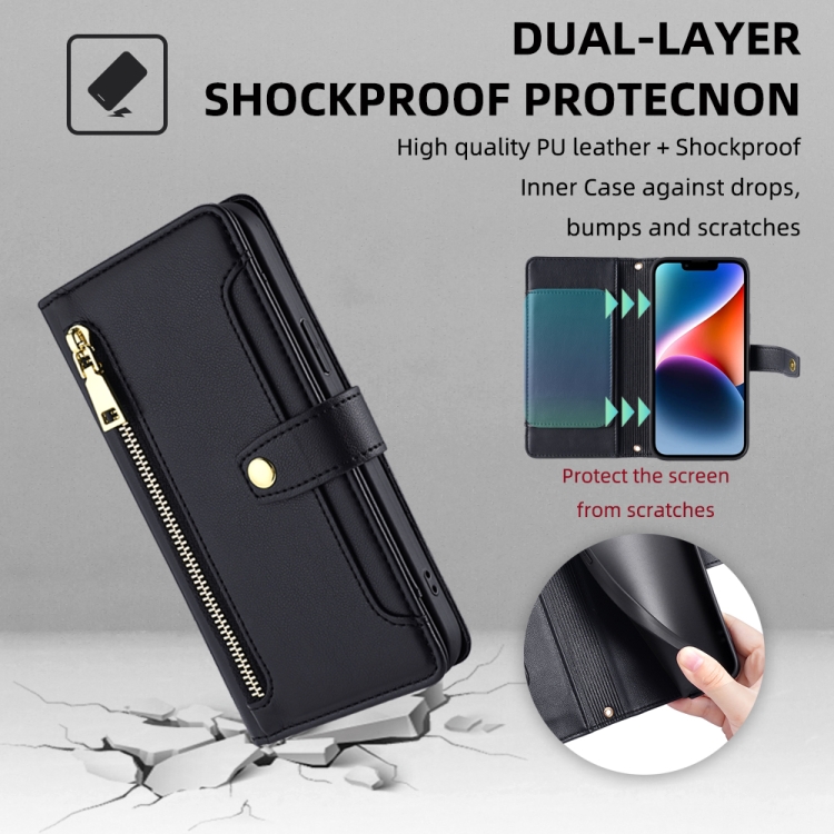 For iPhone 14 Plus Sheep Texture Cross-body Zipper Wallet Leather Phone Case(Black) For iPhone 14 Plus Sheep Texture Cross-body Zipper Wallet Leather Phone Case(Black)