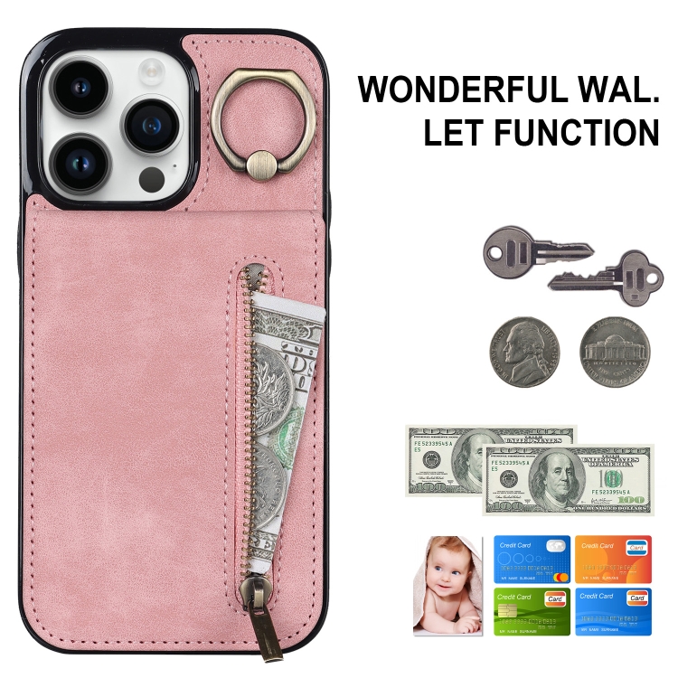 For iPhone 14 Plus Retro Ring and Zipper RFID Card Slot Phone Case(Pink) For iPhone 14 Plus Retro Ring and Zipper RFID Card Slot Phone Case(Pink)