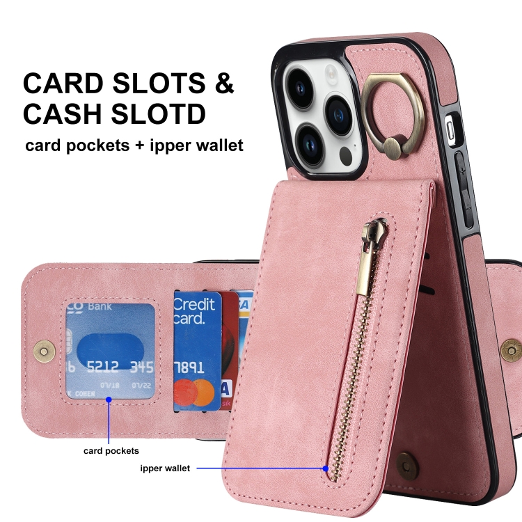 For iPhone 14 Plus Retro Ring and Zipper RFID Card Slot Phone Case(Pink) For iPhone 14 Plus Retro Ring and Zipper RFID Card Slot Phone Case(Pink)