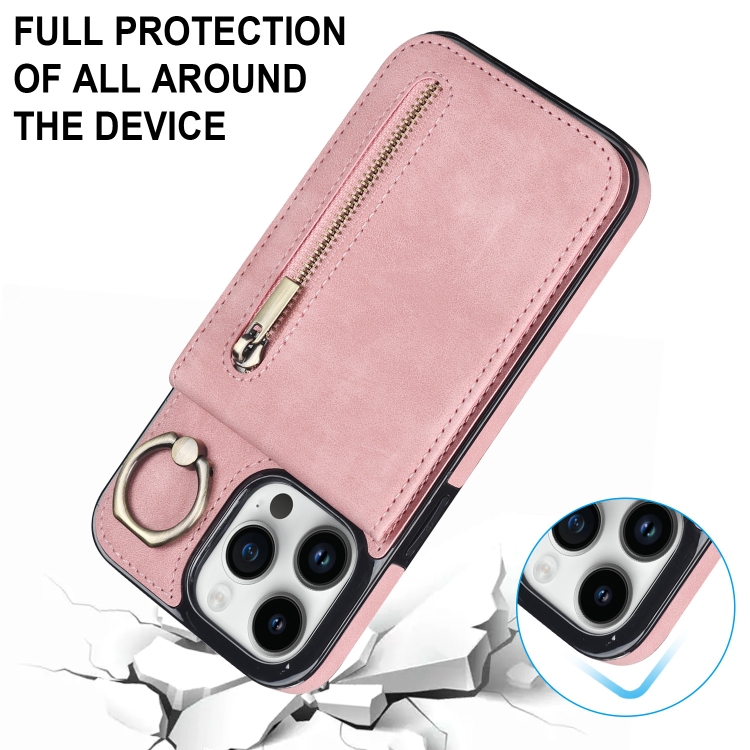 For iPhone 14 Plus Retro Ring and Zipper RFID Card Slot Phone Case(Pink) For iPhone 14 Plus Retro Ring and Zipper RFID Card Slot Phone Case(Pink)