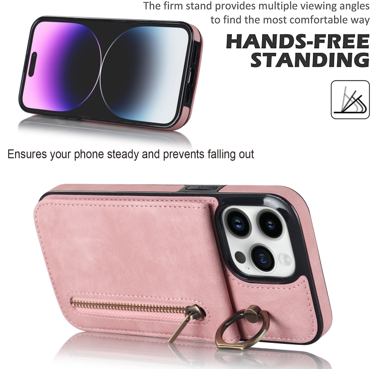 For iPhone 14 Plus Retro Ring and Zipper RFID Card Slot Phone Case(Pink) For iPhone 14 Plus Retro Ring and Zipper RFID Card Slot Phone Case(Pink)