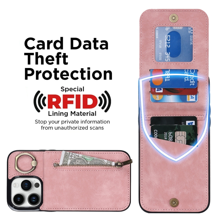 For iPhone 14 Plus Retro Ring and Zipper RFID Card Slot Phone Case(Pink) For iPhone 14 Plus Retro Ring and Zipper RFID Card Slot Phone Case(Pink)