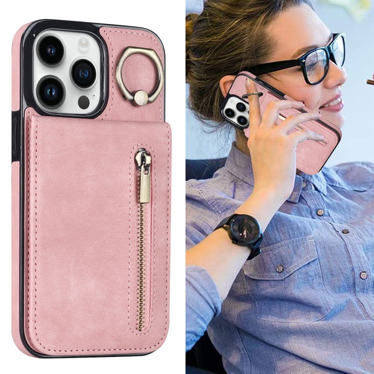 For iPhone 14 Plus Retro Ring and Zipper RFID Card Slot Phone Case(Pink) For iPhone 14 Plus Retro Ring and Zipper RFID Card Slot Phone Case(Pink)