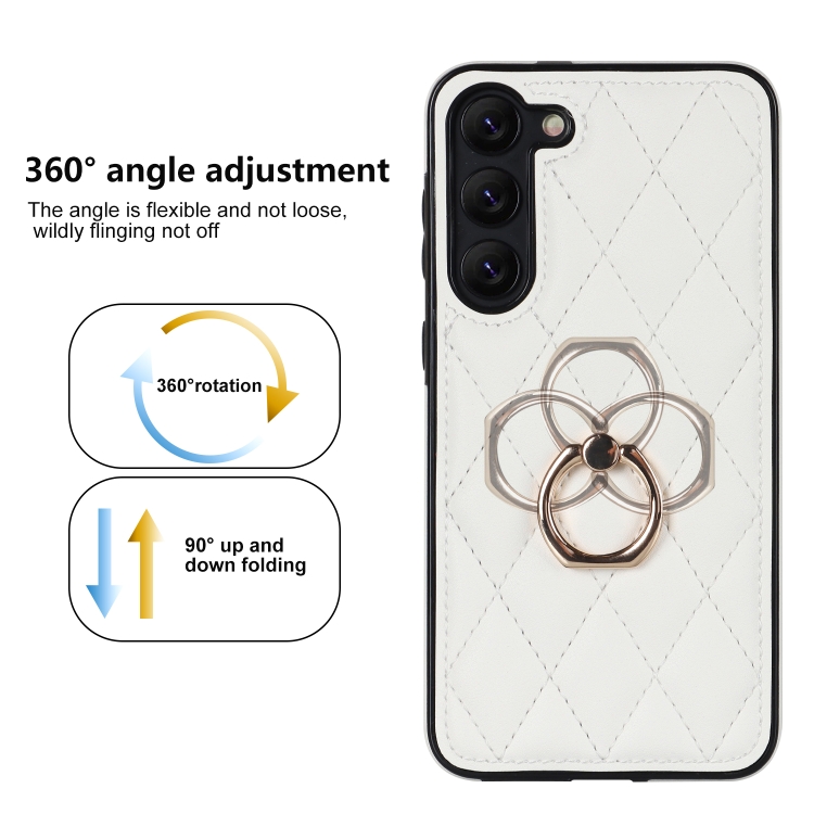 For Samsung Galaxy S23+ 5G Rhombic PU Leather Phone Case with Ring Holder(White) For Samsung Galaxy S23+ 5G Rhombic PU Leather Phone Case with Ring Holder(White)