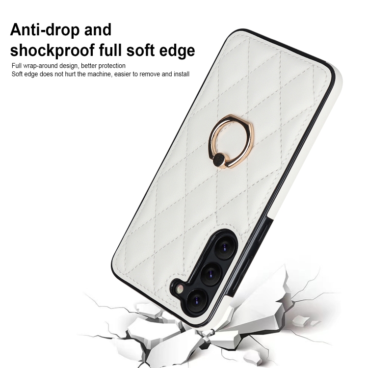 For Samsung Galaxy S23+ 5G Rhombic PU Leather Phone Case with Ring Holder(White) For Samsung Galaxy S23+ 5G Rhombic PU Leather Phone Case with Ring Holder(White)