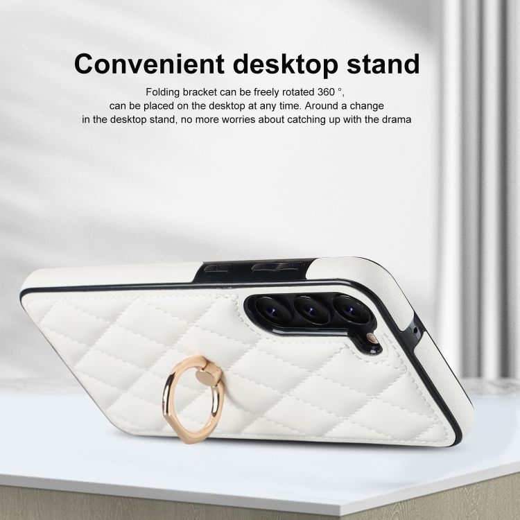 For Samsung Galaxy S23+ 5G Rhombic PU Leather Phone Case with Ring Holder(White) For Samsung Galaxy S23+ 5G Rhombic PU Leather Phone Case with Ring Holder(White)