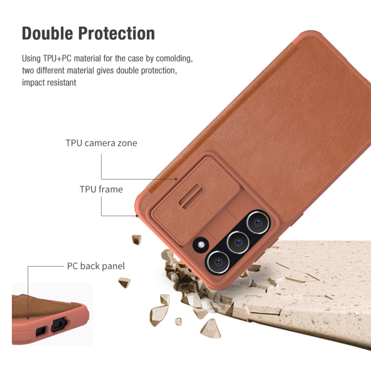 For Samsung Galaxy S23+ 5G NILLKIN QIN Series Pro Sliding Camera Cover Design Leather Phone Case(Brown) For Samsung Galaxy S23+ 5G NILLKIN QIN Series Pro Sliding Camera Cover Design Leather Phone Case(Brown)