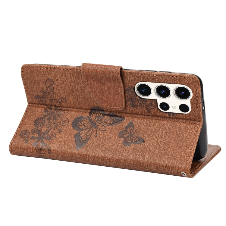 For Samsung Galaxy S23 Ultra 5G Butterfly Embossed Horizontal Flip Leather Phone Case(Brown)