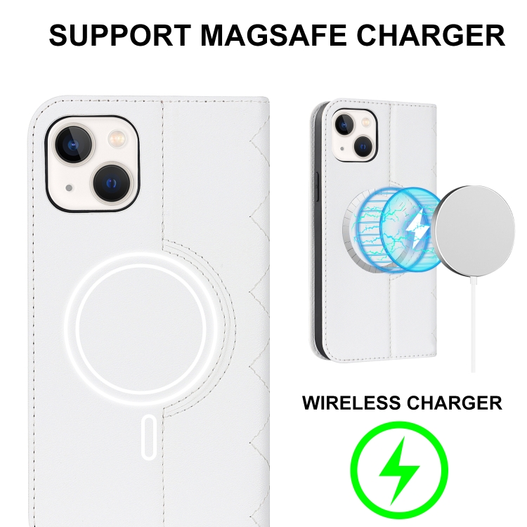 For iPhone 14 Rhombic MagSafe RFID Anti-Theft Wallet Leather Phone Case(White) For iPhone 14 Rhombic MagSafe RFID Anti-Theft Wallet Leather Phone Case(White)