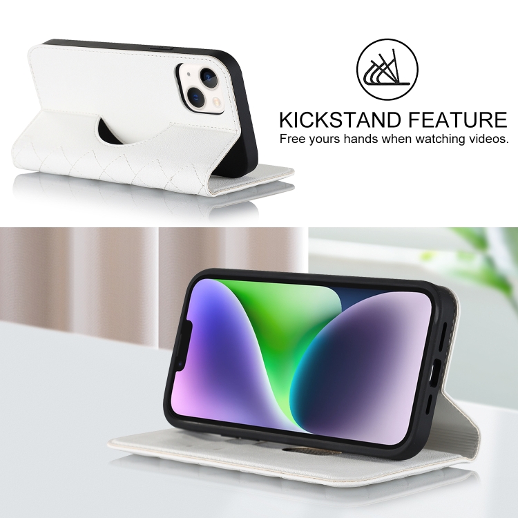 For iPhone 14 Rhombic MagSafe RFID Anti-Theft Wallet Leather Phone Case(White) For iPhone 14 Rhombic MagSafe RFID Anti-Theft Wallet Leather Phone Case(White)