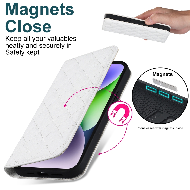 For iPhone 14 Rhombic MagSafe RFID Anti-Theft Wallet Leather Phone Case(White) For iPhone 14 Rhombic MagSafe RFID Anti-Theft Wallet Leather Phone Case(White)