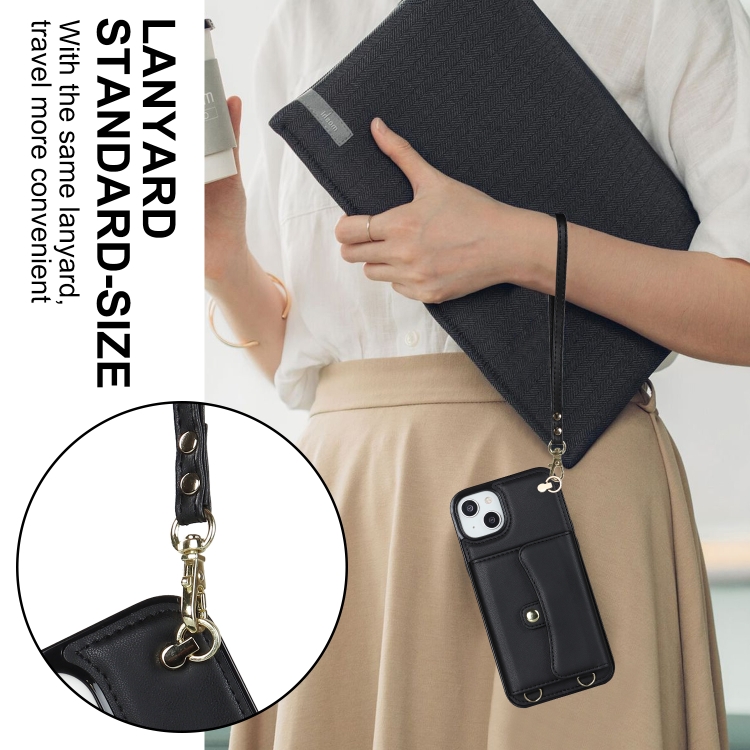 For iPhone 14 Plus RFID Card Slot Phone Case with Long Lanyard(Black) For iPhone 14 Plus RFID Card Slot Phone Case with Long Lanyard(Black)